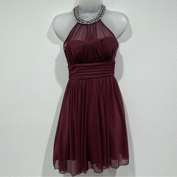 Speechless Dresses & Skirts - speechless maroon red halter sequin beaded neck a line fit & flare party dress